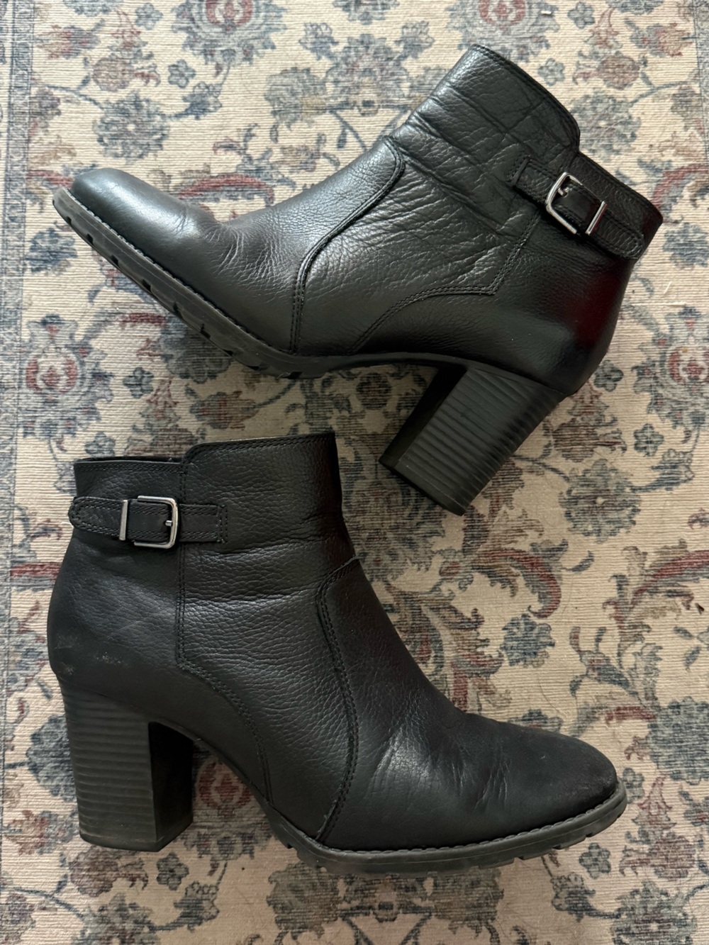 Clarks Black Leather Heeled Ankle Boots with Buckle